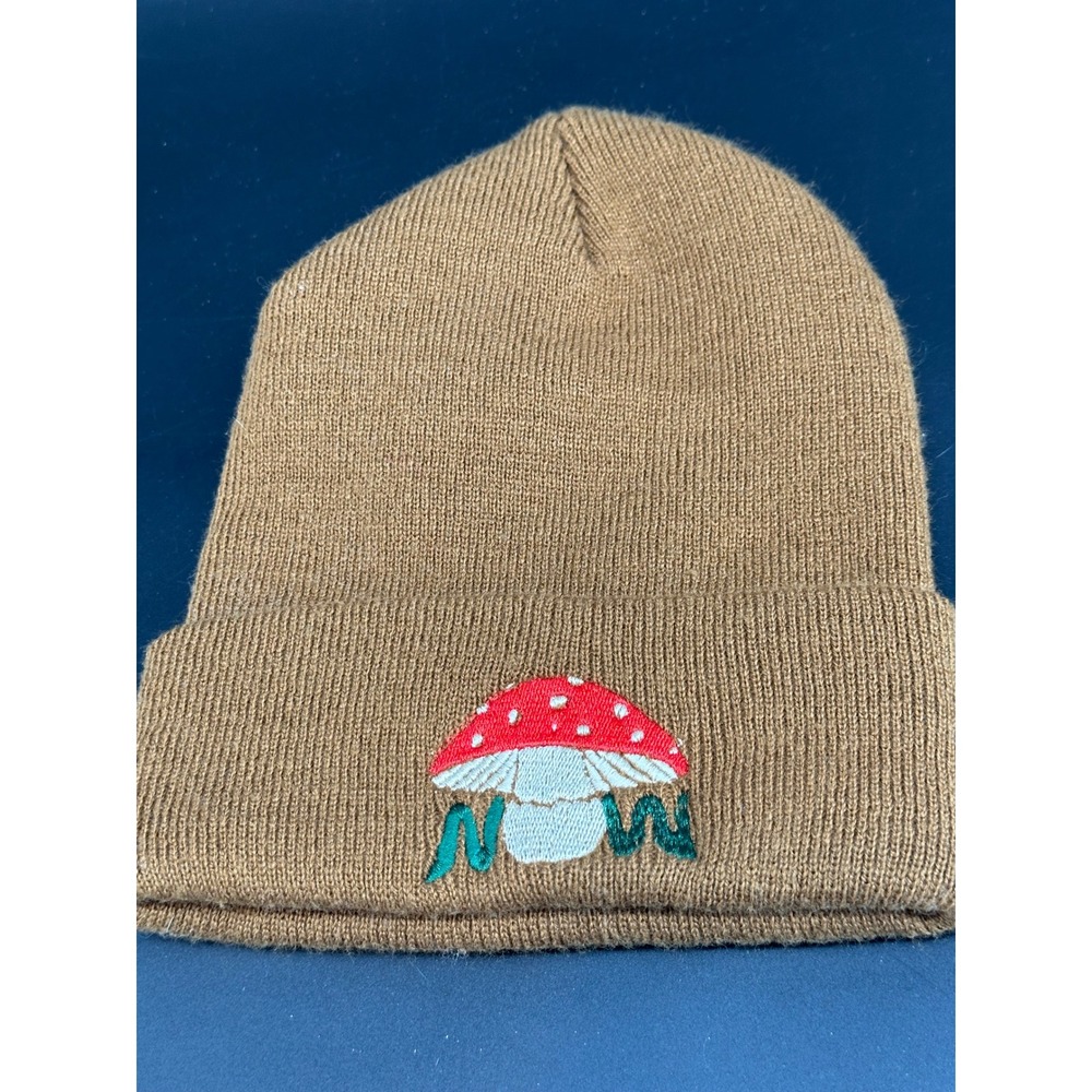 Embroidered Mushroom Knit Beanie Brown‎  Winter Hat
